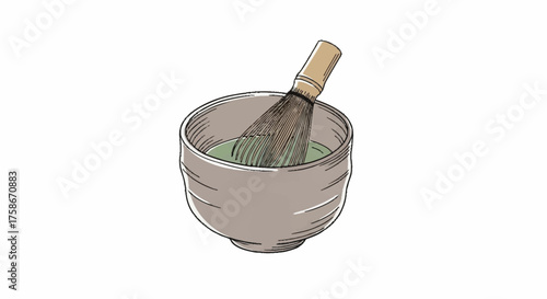 Illustration of Matcha Tea Preparation with a Whisk in a Bowl, Perfect for Tea Ceremony Tutorials and Culinary Education Materials