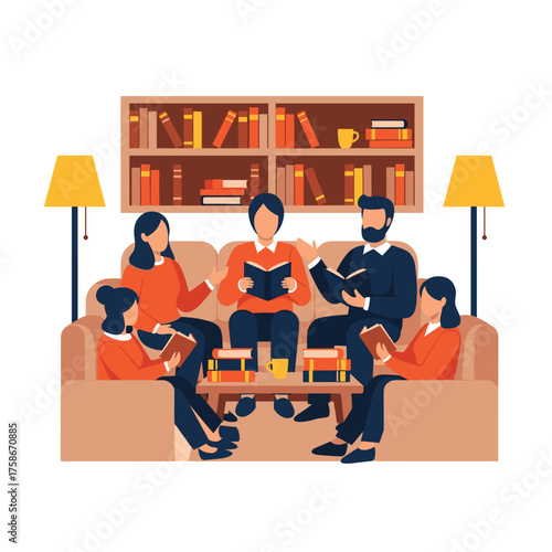 People Enjoying A Book Club Discussion Reading Together In A Cozy Living Room Setting