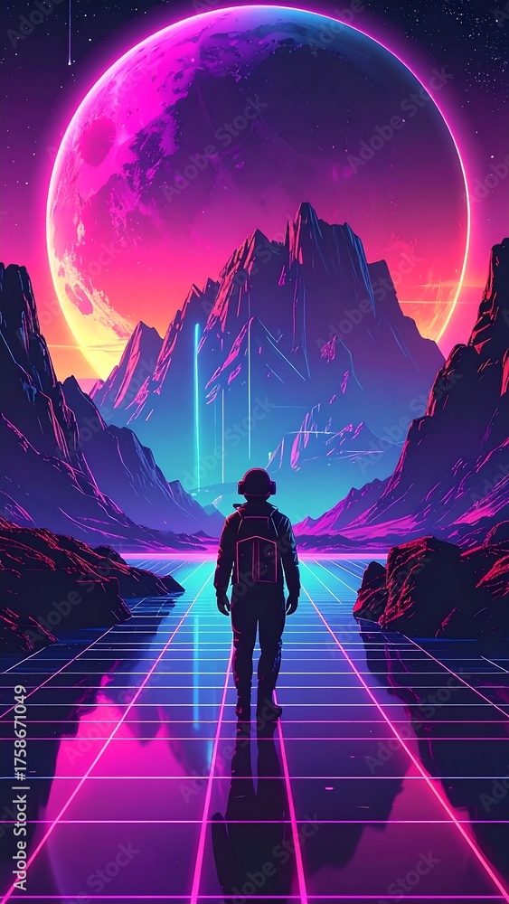 Fototapeta premium A solitary figure walks down a neon-grid pathway towards a massive planet and mountain range, bathed in vibrant pink and blue light