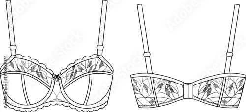 Women’s bra fashion sketch, underwire lingerie with leaf embroidery, scalloped edges, bow detail, front and back technical garment illustration