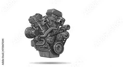 Detailed monochrome 3d engine design with mechanical components on white background