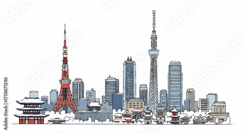 Detailed Tokyo Skyline Illustration Featuring Landmarks and Modern Architecture for Travel Guides and Urban Design Projects Depicting Japanese Culture