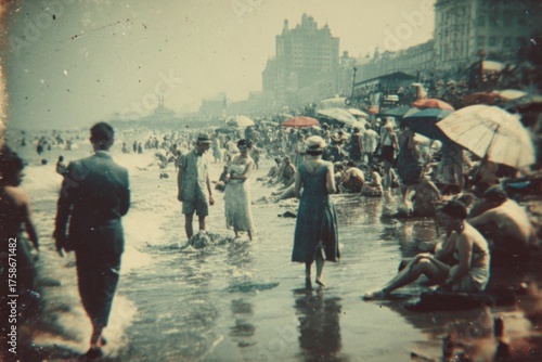 Crowds of people enjoying a sunny 1930s summer day at beach
