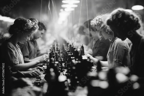 Factory workers carefully tending to textile machinery in a busy industrial setting