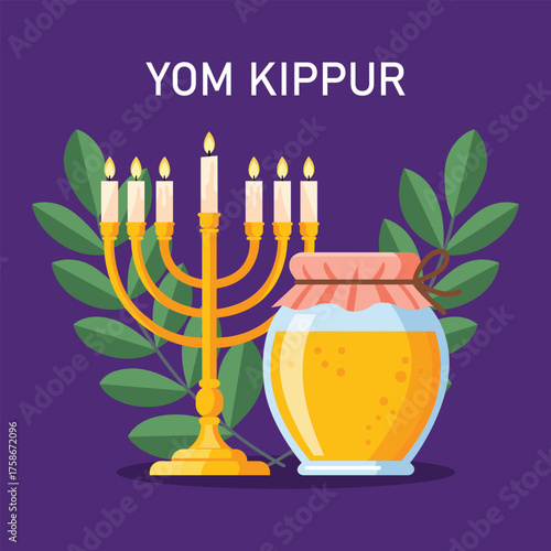Vector art of yom kippur holiday symbols lit menorah, jar of honey, and green leaves on a purple background