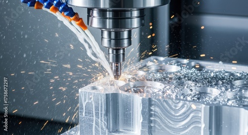 Metalworking cnc milling machine cutting metal part with coolant modern industrial technology metalworking industry concept