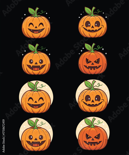 set of eight cute Halloween pumpkin faces