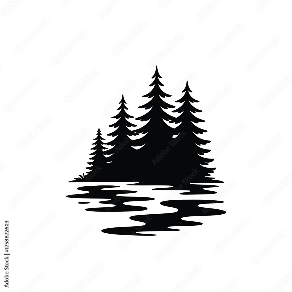 Obraz premium Silhouette of evergreen trees reflected in water on a white background
