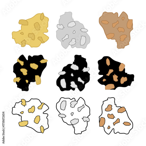 Gold, silver, and bronze mineral nugget set in different color variations representing raw metal resources and rare earth elements.