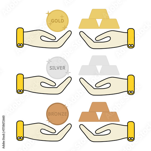 Hand holding gold, silver, and bronze medal and bullion icons representing value, trust, investment, and rare earth material trade.