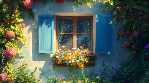 Vibrant flowers spill from a window box beneath blue shutters on a textured wall.
