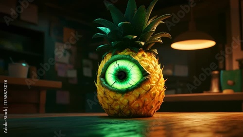 Glowing Pineapple with Eye in Cozy Room Setting