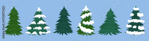 Winter fir tree collection with snow on branches in a flat design