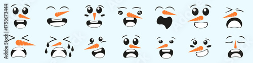 Snowman faces collection with carrot noses and funny emotions