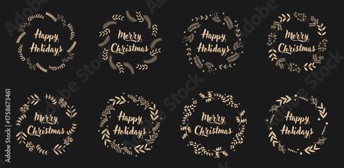 Golden christmas wreath collection on black background with festive typography