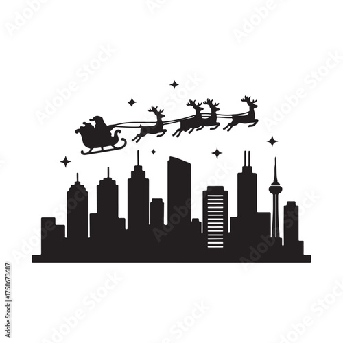 Santa Claus Flying Over a Cityscape Silhouette with Reindeer and Stars