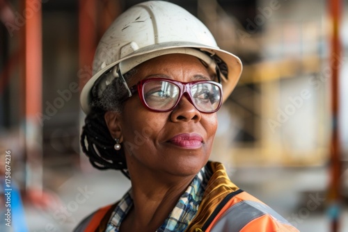 Mature woman wearing safety gear at construction site