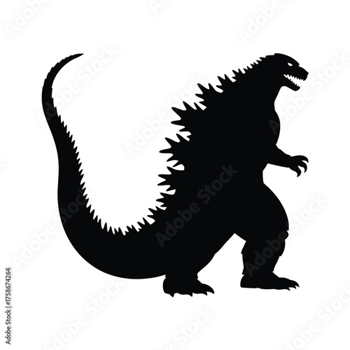 Black silhouette of a kaiju monster with spikes and a long tail