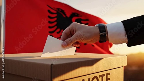 Man casts vote into ballot box with Albanian flag waving proudly in background during election day