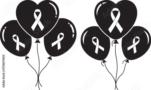 Two clusters of black heart shaped balloons with awareness ribbons silhouette