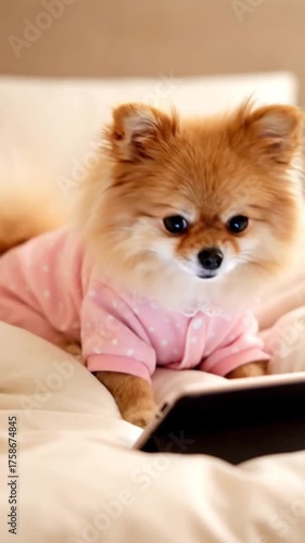 Dog in pink pajamas using tablet indoors on bed close up