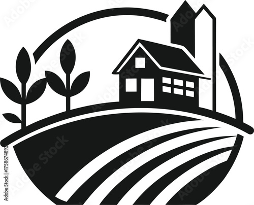 Farmhouse and Silo Emblem with Fields and Plants agriculture