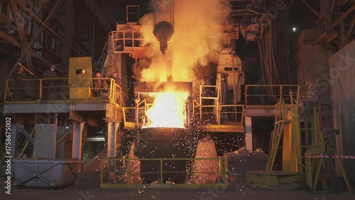 Molten metal pouring into a container in steel mill. Stock clip