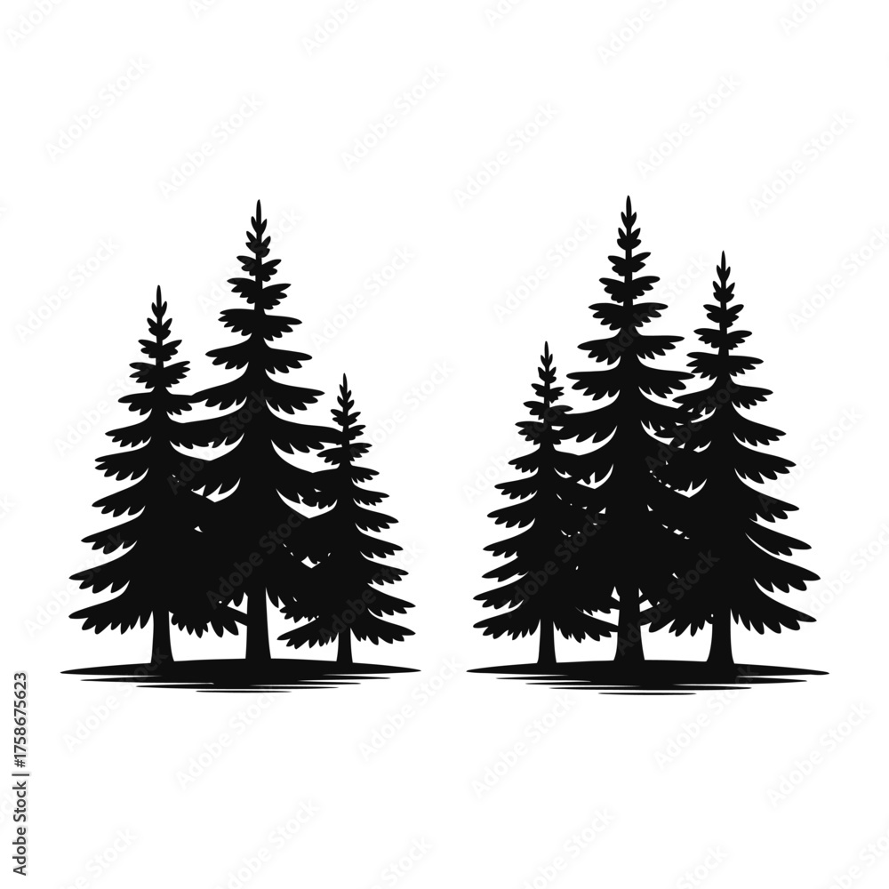 Obraz premium Silhouette of a dense evergreen forest with tall pine trees on a white background