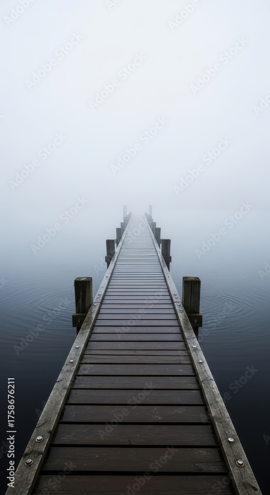 Fototapeta premium Long wooden pier extending over a placid, fog-laden lake, its dark timbers reflecting subtly on the calm water as it vanishes into the atmospheric mist