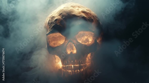 Glowing skull emerges from swirling fog in darkness