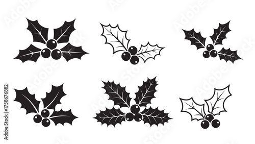 Holly sprig silhouette with two spiky leaves and three berries, classic black seasonal motif for christmas wreaths, cards, and festive stationery