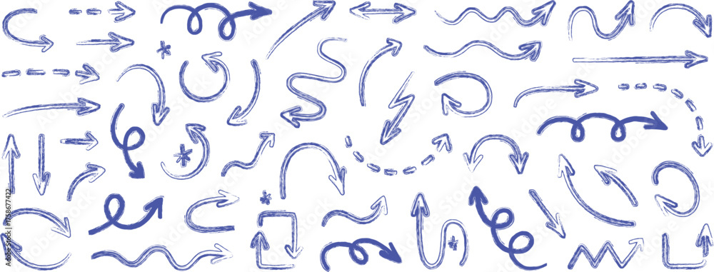Obraz premium Hand Drawn Blue Brush Marker Arrows and Directional Doodles Set vector illustration