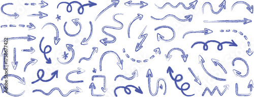 Hand Drawn Blue Brush Marker Arrows and Directional Doodles Set vector illustration