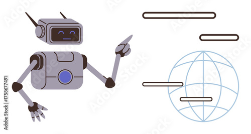 Robot gesturing towards a digital globe and data interface, symbolizing AI, automation, connectivity, global reach, innovation, technology education, and futuristic solutions. A simple flat metaphor