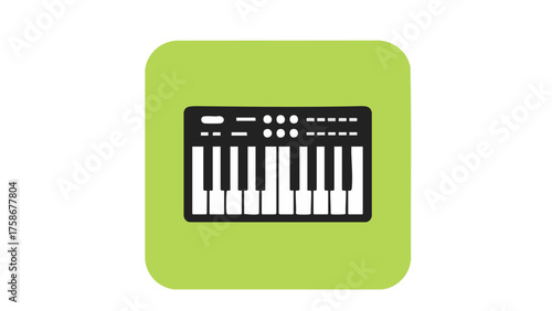 A simple icon of a synthesizer keyboard, set against a green square background.