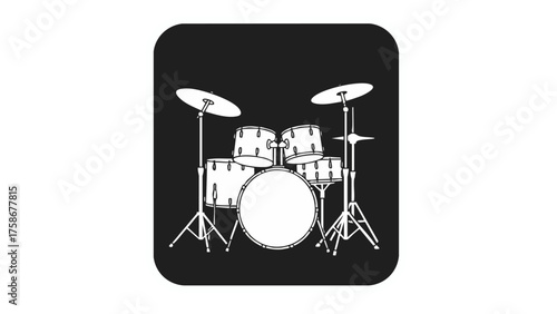 Black and white illustration of a drum kit, featuring cymbals and various drums.