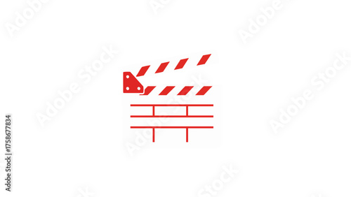 Minimalist red and white movie clapperboard icon isolated on a plain white background, symbolizing filmmaking and cinema.