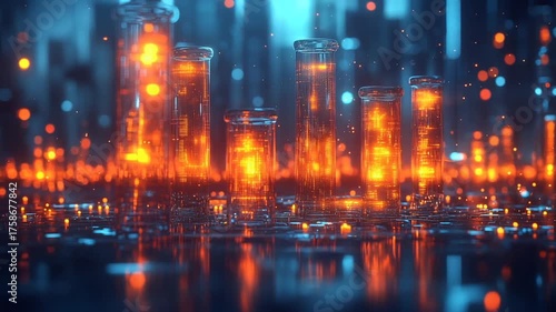 Glowing test tubes in futuristic city at night