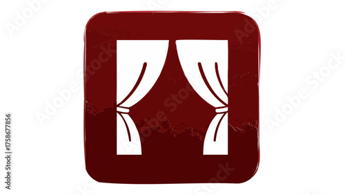 A stylized icon representing a stage with parted curtains, set against a dark red background.