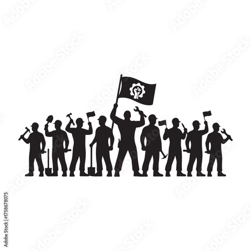 Silhouette of Laborers Marching with Tools and a Flag of Solidarity