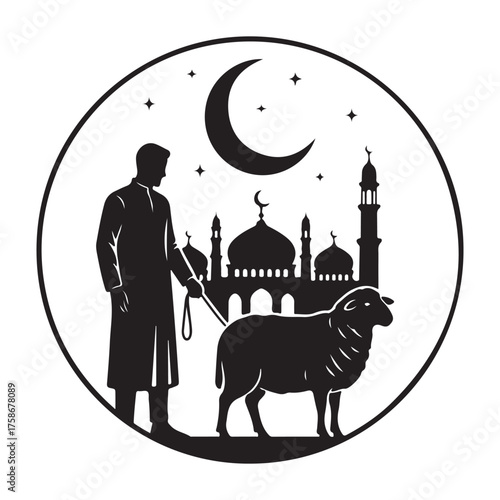 Eid al Adha Celebration Man with Sheep in Front of Mosque Silhouette