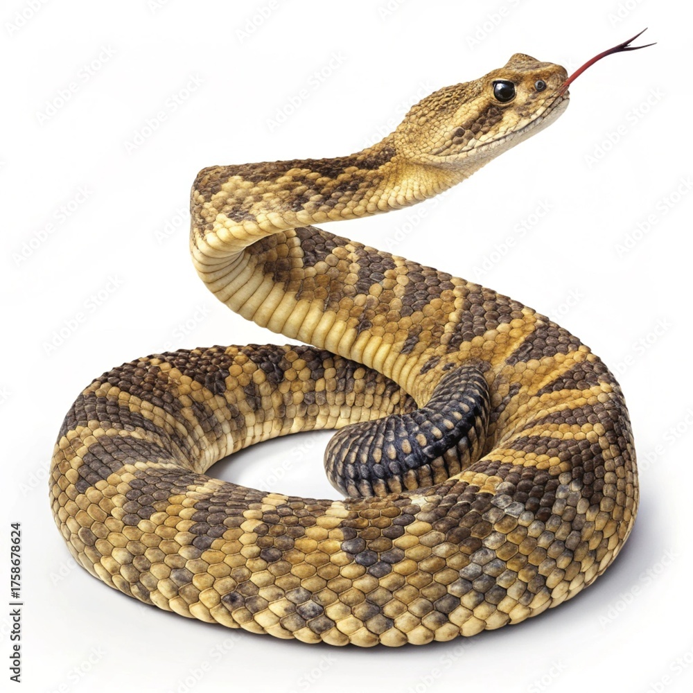 Fototapeta premium Coiled Rattlesnake Ready to Strike – Isolated Outdoor Pose with Distinctive Pattern