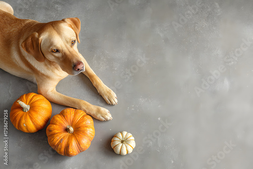 A relaxed dog lies beside orange and white pumpkins in a cozy autumn setting, showcasing a peaceful fall atmosphere