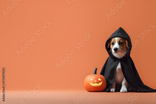 A cute corgi wears a black cloak while sitting next to a smiling pumpkin on a bright orange backdrop