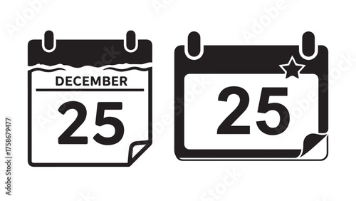 December twenty-five calendar page silhouette with bold numeral and star notch, clean black countdown date for advent schedules and holiday reminders