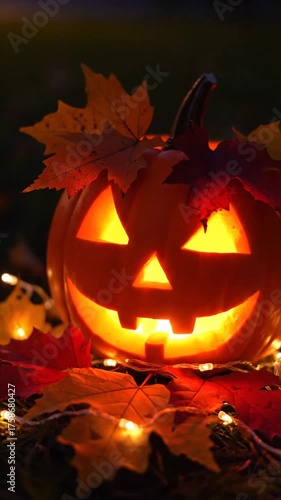 Glowing carved pumpkin with autumn leaves and lights for halloween