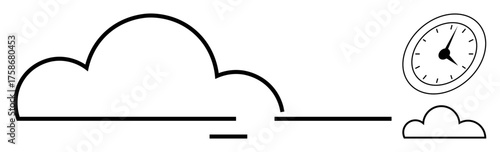 Single continuous line drawing of a large cloud, small cloud, and clock. Ideal for cloud computing, time management, data innovation, online synchrony, remote work, technology evolution simple flat