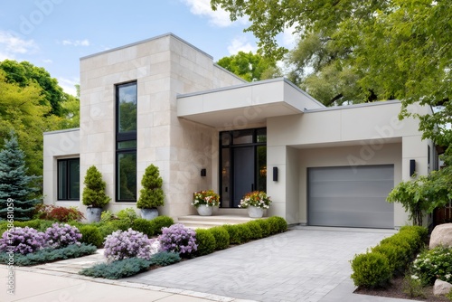 Modern luxury home exterior showcasing contemporary architecture and landscaping