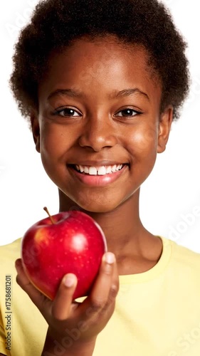 Young girl holds red apple and smiles wide with joy isolated