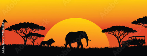 African safari silhouette with giraffe, lion, elephant, trees, jeep and people against a sunset background